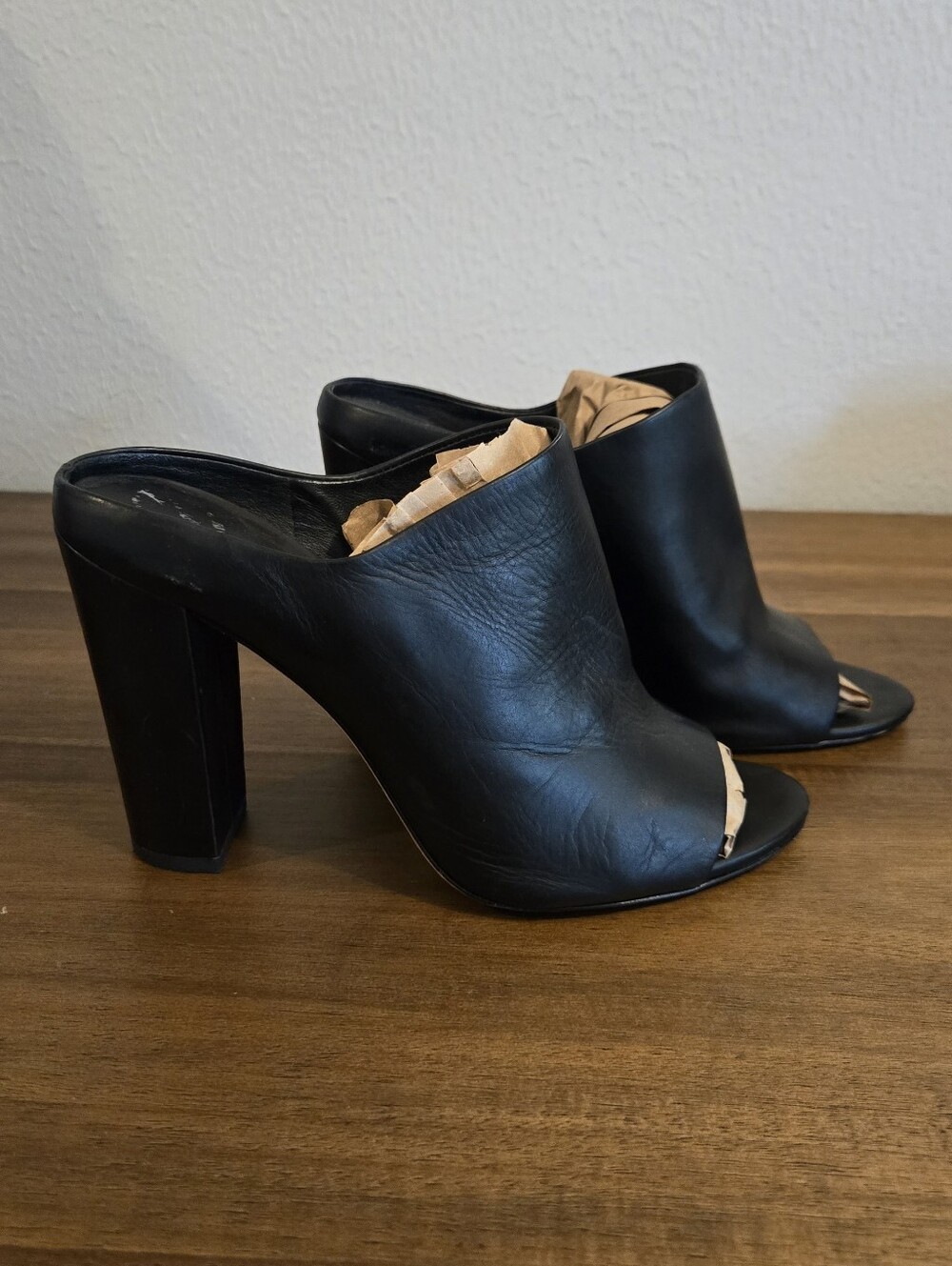 Vince Black Leather Peep-Toe Block Heel Mules